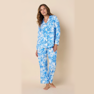 The Cat's Pajamas Palm Grove Blue Toile Pima Knit Long-Sleeved Pajama Set