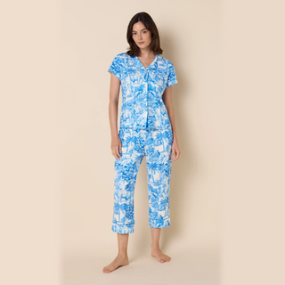 The Cat's Pajamas Palm Grove Blue Toile Pima Knit Capri Set