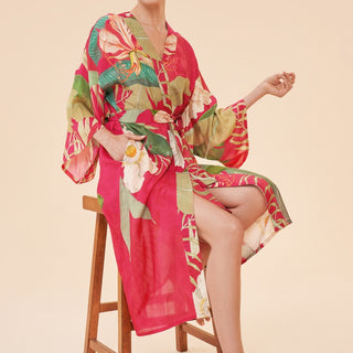 Powder Delicate Tropical Dark Rose Kimono Gown