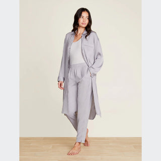 Barefoot Dreams Washed Satin Piped Nightshirt with Love Embroidery - Dove Gray