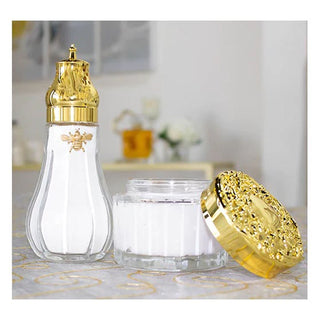 Lady Primrose Royal Extract Body Creme Jar w/Engravable Gold Plated Lid 5 oz. - Shown with Dusting Silk Shaker w/Gold Top