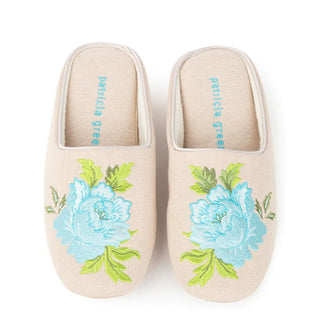 Patricia Green Peony Embroidered Slipper- Linen