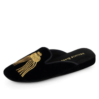 Patricia Green Victoria Embroidered Tassel Slipper- Black