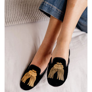 Patricia Green Victoria Embroidered Tassel Slipper- Black