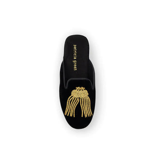 Patricia Green Victoria Embroidered Tassel Slipper- Black